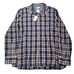 Sun‎ + Stone Dio Plaid Shirt Mens 2XL Navy Blue Red Long Sleeve Button NEW